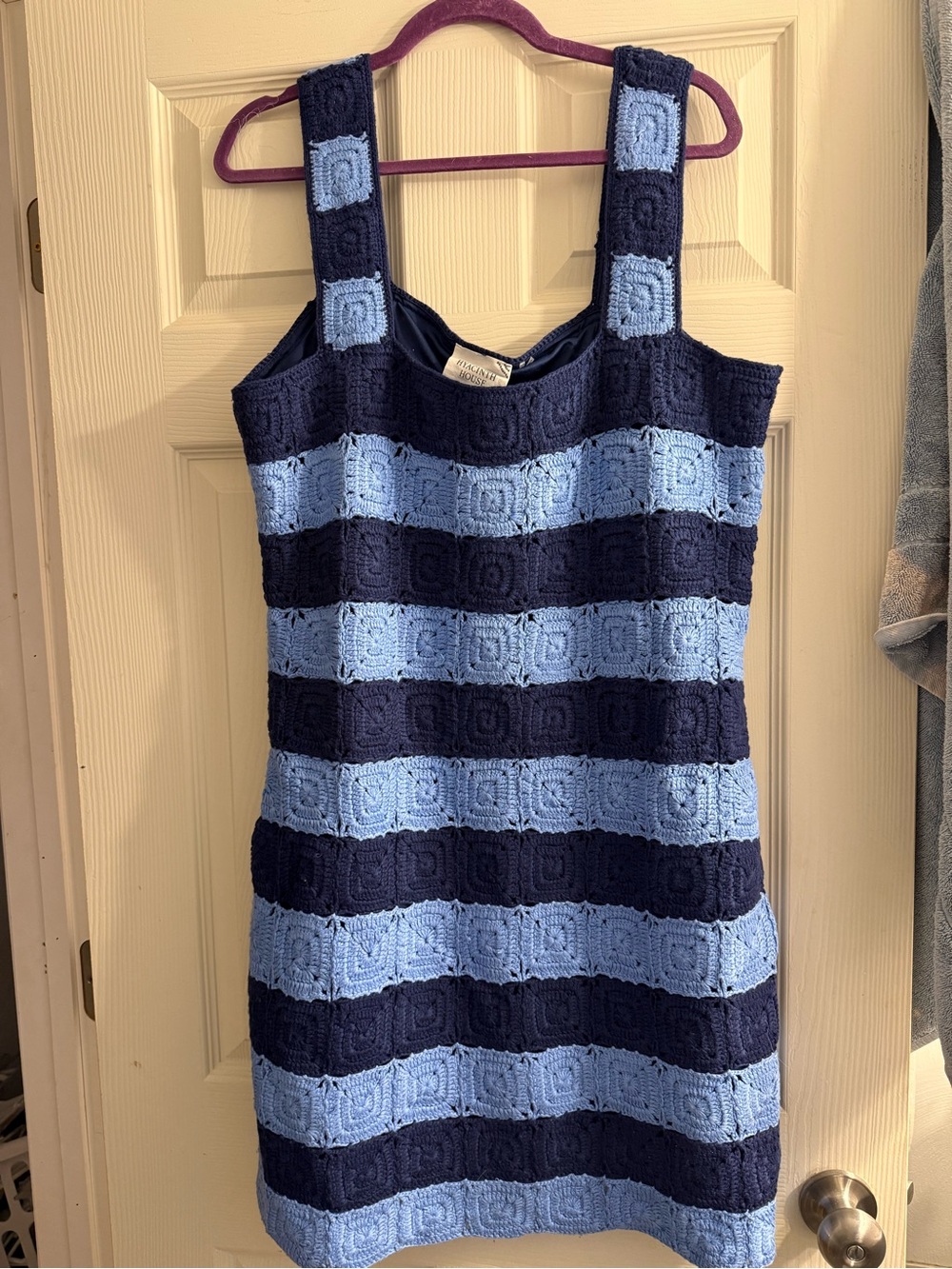Striped Crochet Mini Dress in Navy and Light Blue